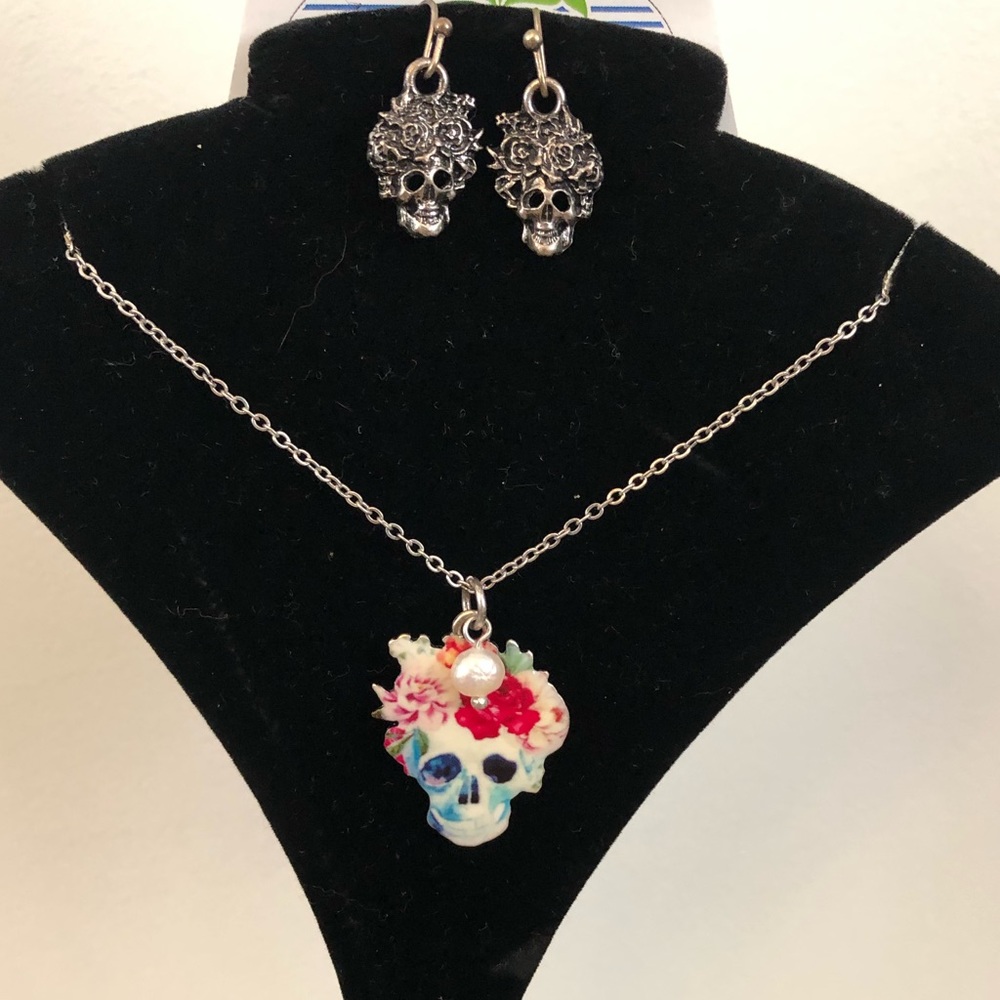 Floral Skull Head Necklace with Matching Earring Set